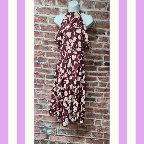 Lauren Conrad Runway Dress 4 | Maroon Floral Halter Neck Midi Coquette Chic - Picture 1 of 7